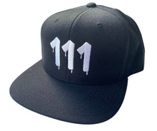 Load image into Gallery viewer, BLACK SNAPBACK HAT/111 IN WHITE - AngelNumbersMerch
