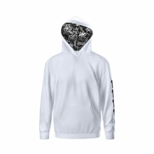 Load image into Gallery viewer, 1111  White Angel Number Hoodie from Angel Numbers Merch Official, representing synchronicity &amp; spiritual alignment. Front View with hoodie up with graffiti design in hoodie liner 
