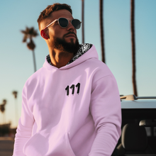 Load image into Gallery viewer, LIGHT PINK HOODIE/111 IN BLACK - 111 Light Pink Hoodie Angel Number design from Angel Numbers Merch Official, symbolizing new beginnings &amp; manifestation
