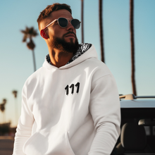 Load image into Gallery viewer, WHITE HOODIE/111 IN BLACK -  hoodie with 111 Angel Number design from Angel Numbers Merch Official, symbolizing new beginnings &amp; manifestation.


