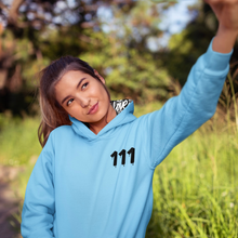 Load image into Gallery viewer, BLUE AQUA HOODIE/111 IN BLACK Angel Number design from Angel Numbers Merch Official, symbolizing new beginnings &amp; manifestation.
