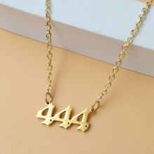 Load image into Gallery viewer,  Gold 444 Angel Number Necklace from Angel Numbers Merch Official, symbolizing divine protection and guidance.

