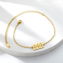 Load image into Gallery viewer,  Gold 888 Angel Number Ankle Bracelet from Angel Numbers Merch Official, representing financial abundance, balance, and prosperity.
 
