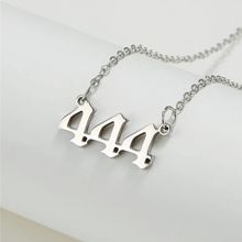 Load image into Gallery viewer,  Silver 444 Angel Number Necklace from Angel Numbers Merch Official, symbolizing divine protection and guidance.

