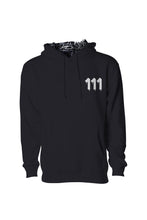 Load image into Gallery viewer, Black hoodie with 111 Angel Number design from Angel Numbers Merch Official, symbolizing new beginnings &amp; manifestation. Front View Hoodie Down
