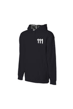Load image into Gallery viewer, Black hoodie with 111 Angel Number design from Angel Numbers Merch Official, symbolizing new beginnings &amp; manifestation. Angel View Front
