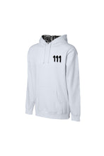 Load image into Gallery viewer, WHITE HOODIE/111 IN BLACK -  hoodie with 111 Angel Number design from Angel Numbers Merch Official, symbolizing new beginnings &amp; manifestation. Side View 

