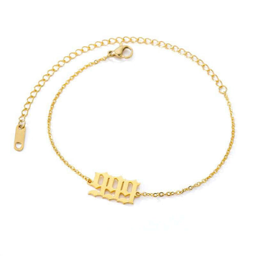  Gold 999 Angel Number Ankle Bracelet from Angel Numbers Merch Official, representing closure, transition, and spiritual growth.